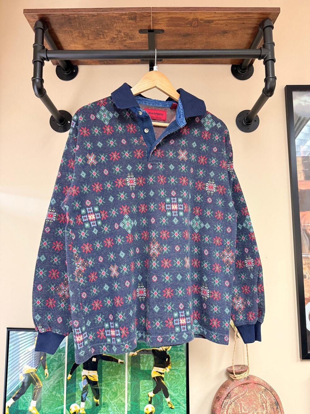 90s Blueprint Vintage Ugly Christmas Sweater Rugby Polo Shirt Izod Dockers